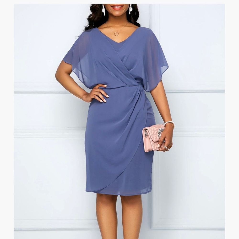 COPY - Dusty Blue Cape Shoulder Draped Surplice Chiffon Dress
